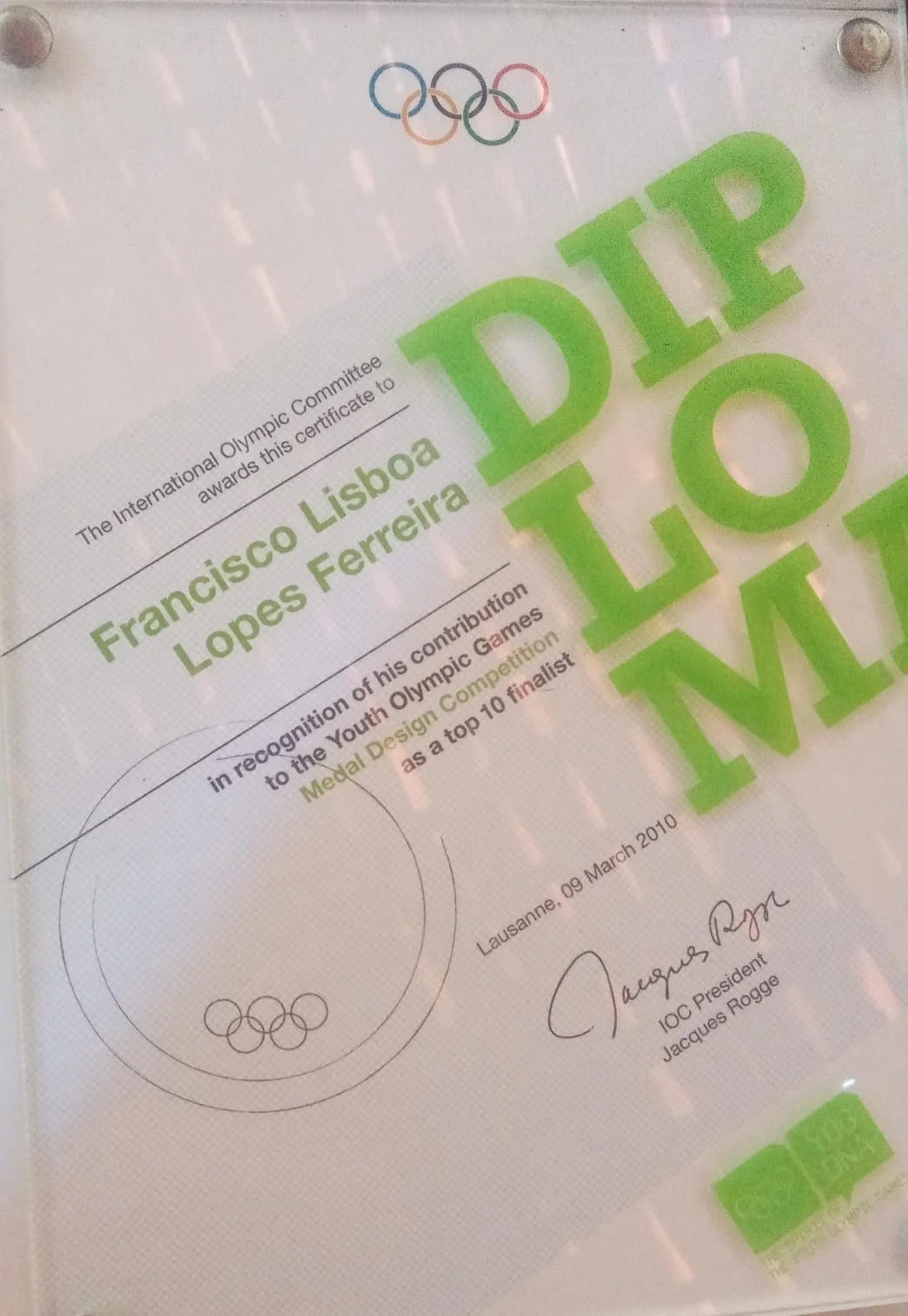 Certificado de finalista de concurso do COI (Comitê Olímpico Internacional)