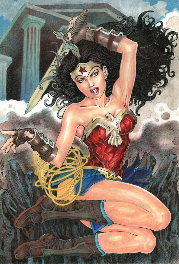 Ilustração pin-up da Mulher-Maravilha, fanart em aquarela e lápis de cor