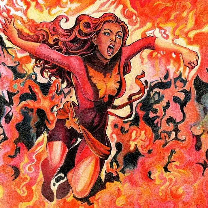 Ilustração da Fênix (Jean Grey), fanart em lápis de cor