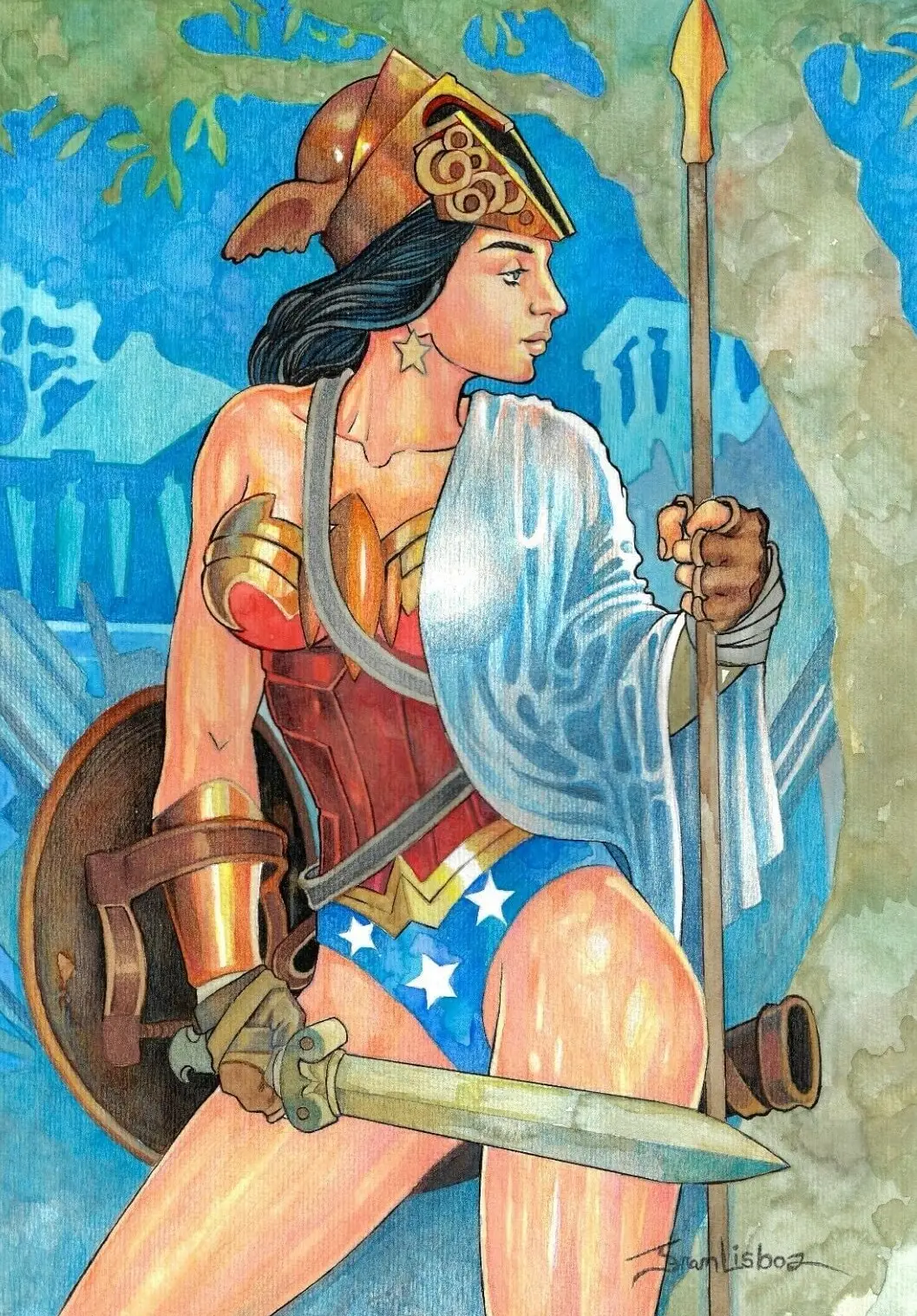 Ilustração da Mulher-Maravilha em perfil, com lança e escudo, fanart em aquarela e lápis de cor