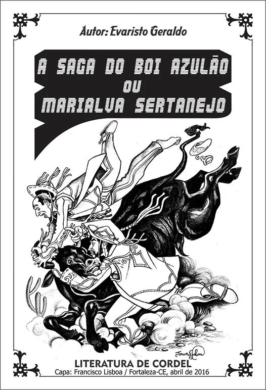 Capa do cordel 'A Saga do Boi Azulão ou Marialva Sertaneja', ilustração em nanquim de um vaqueiro sendo jogado por um boi