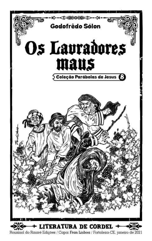 Capa do cordel 'Os Lavradores Maus', ilustração em nanquim de três lavradores agredindo um homem num vinhedo