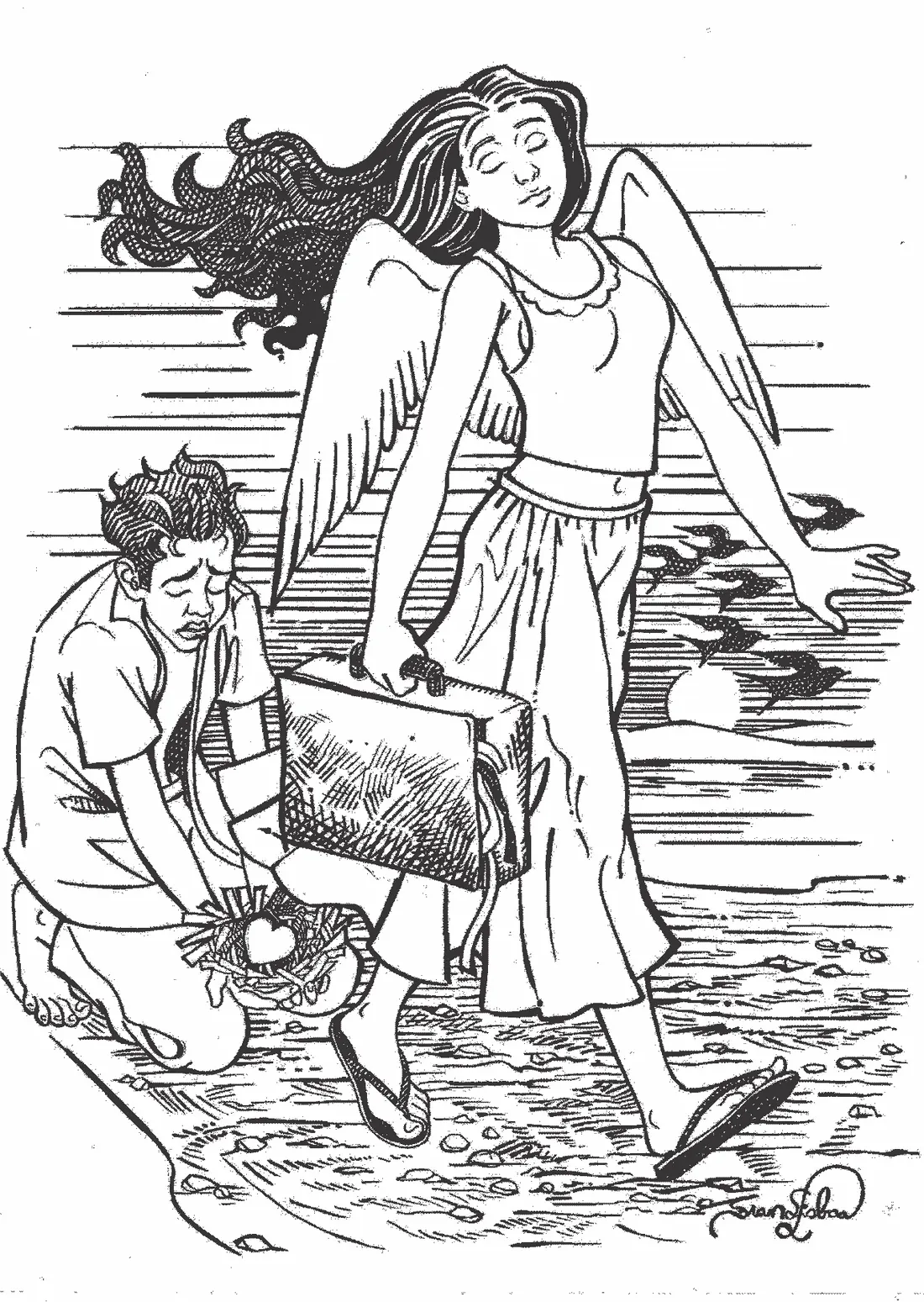 Ilustração em nanquim de um anjo com uma mala se despedindo de um rapaz sentado, cena à beira-mar