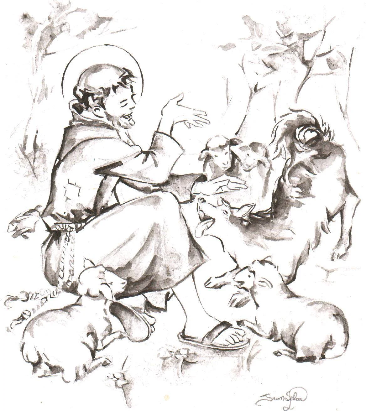 Ilustração em tinta acrílica de São Francisco de Assis cercado por ovelhas e o lobo de Gúbio