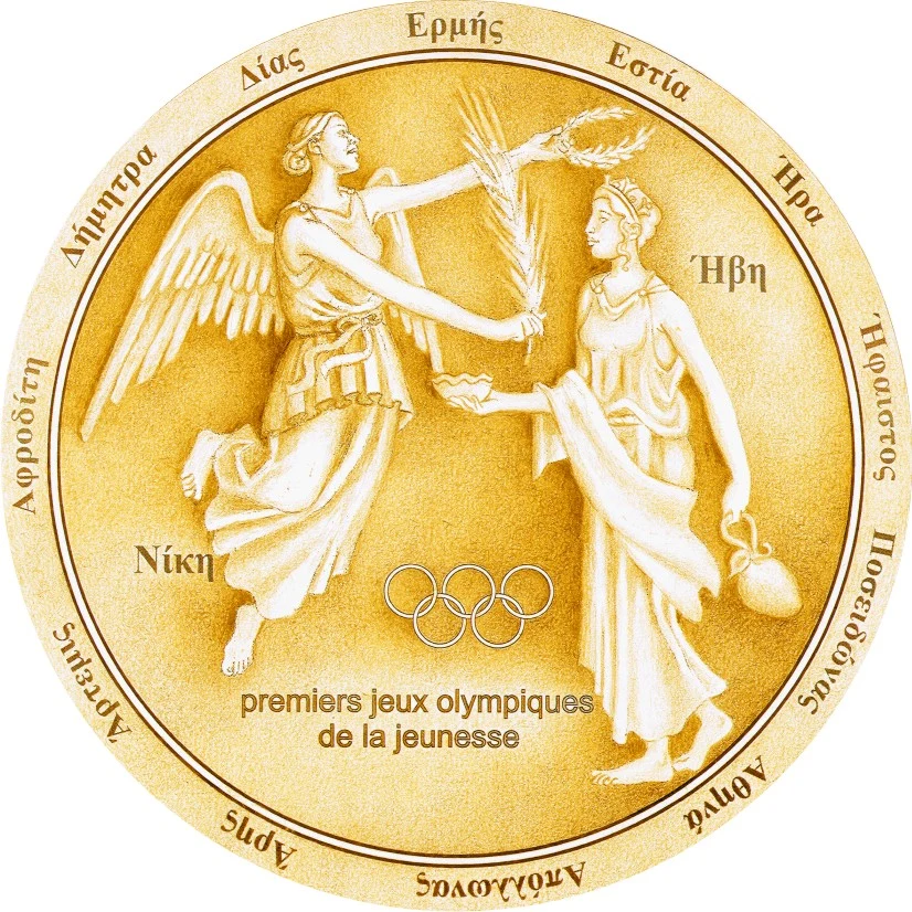 Medalhão circular 'Ambrosia', com as deusas Hebe e Nike, grafite colorido digitalmente