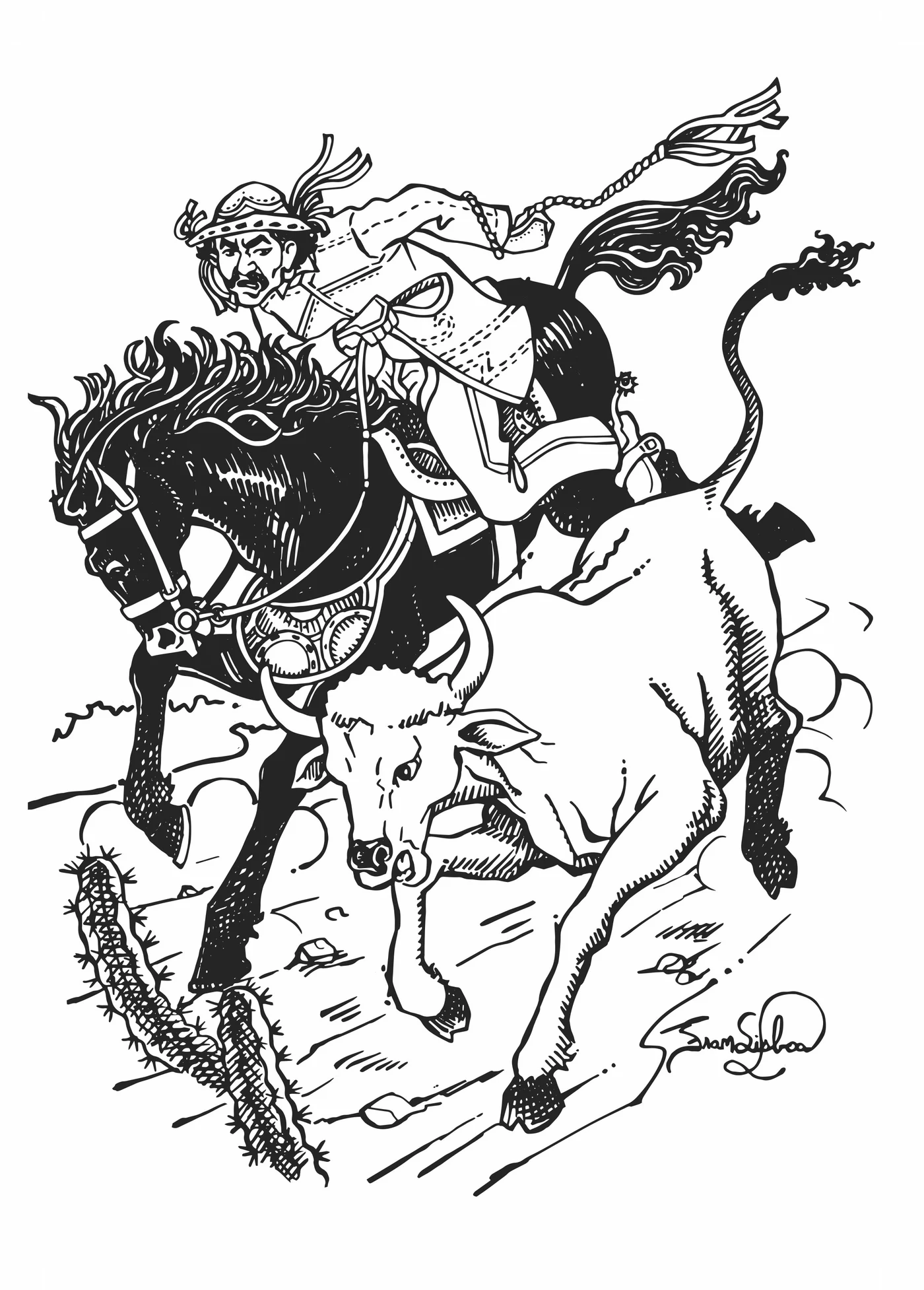 Ilustração em nanquim de um vaqueiro montado a cavalo enlaçando um touro, cena do conto 'Vida e Morte do Vaqueiro'