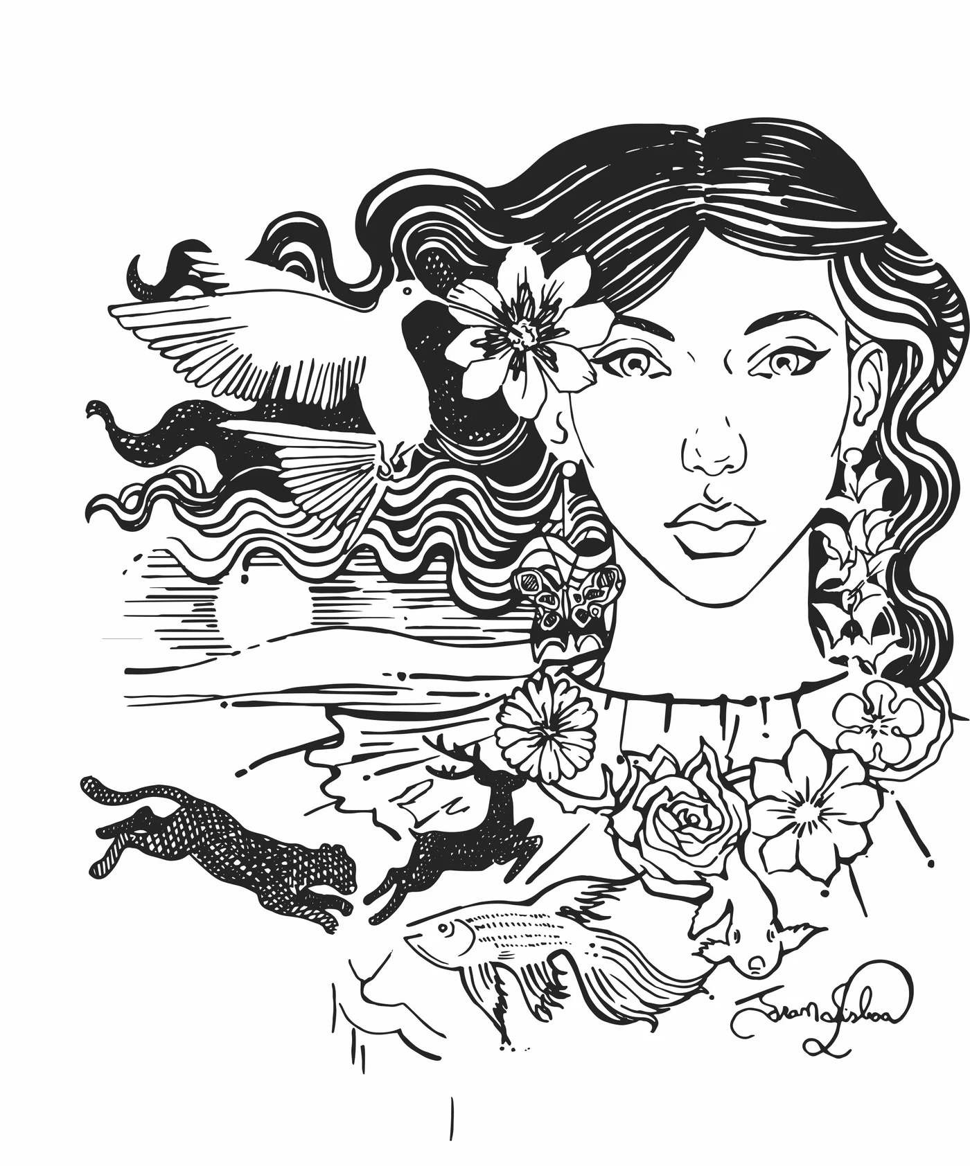 Ilustração em nanquim do rosto de uma mulher cercada por pássaros, flores, um cervo, uma onça, um peixe e um pôr do sol